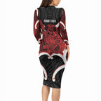 Whero Aotearoa Atua Tumatauenga Personalised Long Sleeve Bodycon Dress Maori God Of War Tiki With Taiaha