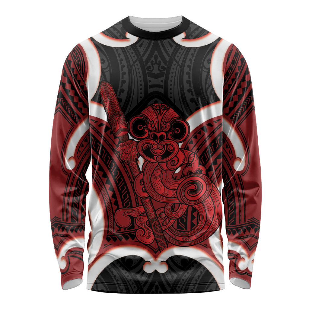 Whero Aotearoa Atua Tumatauenga Personalised Long Sleeve Shirt Maori God Of War Tiki With Taiaha