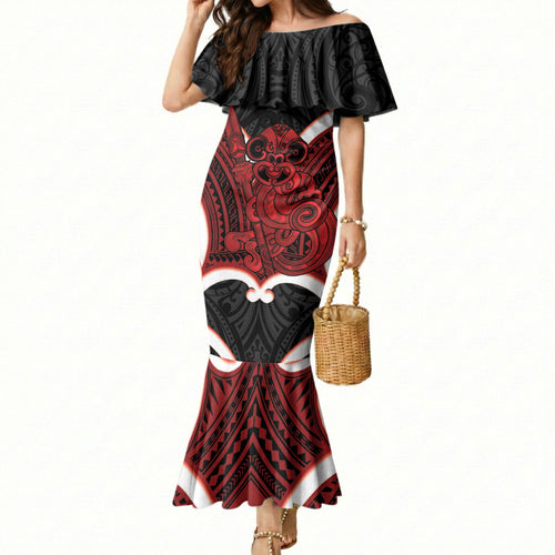 Whero Aotearoa Atua Tumatauenga Personalised Mermaid Dress Maori God Of War Tiki With Taiaha