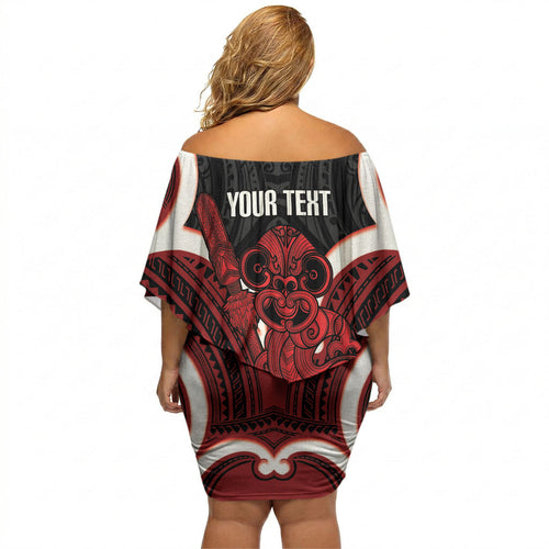 Whero Aotearoa Atua Tumatauenga Personalised Off Shoulder Short Dress Maori God Of War Tiki With Taiaha