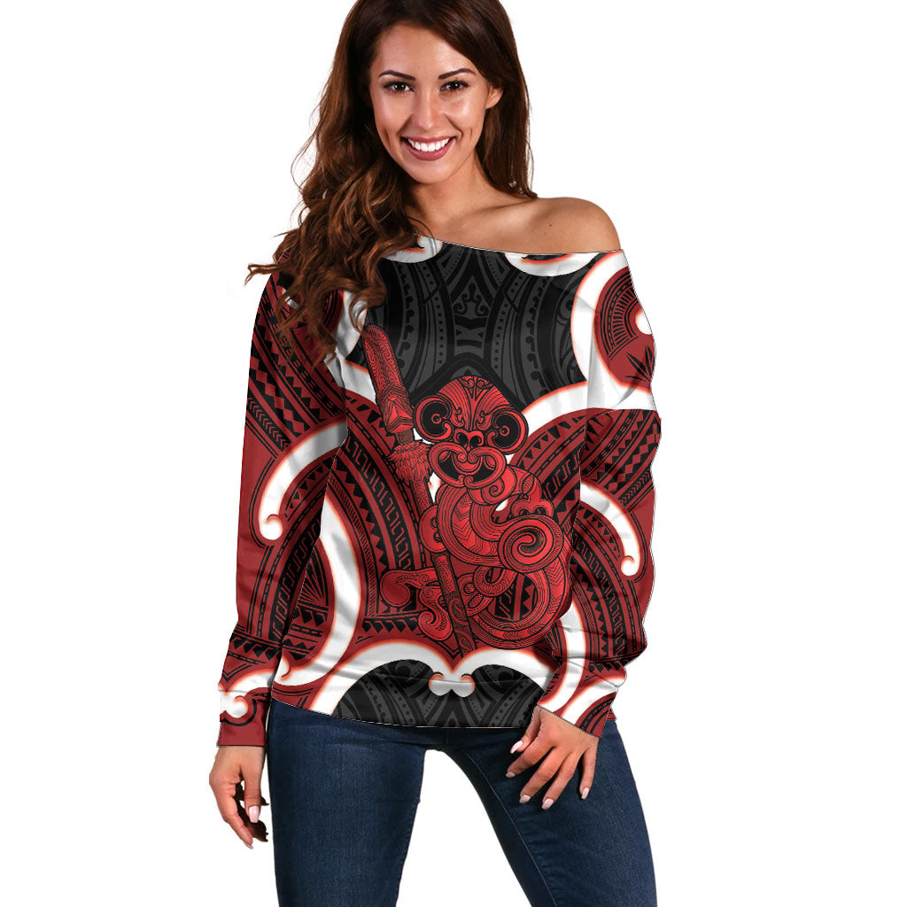 Whero Aotearoa Atua Tumatauenga Personalised Off Shoulder Sweater Maori God Of War Tiki With Taiaha