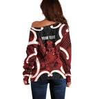 Whero Aotearoa Atua Tumatauenga Personalised Off Shoulder Sweater Maori God Of War Tiki With Taiaha