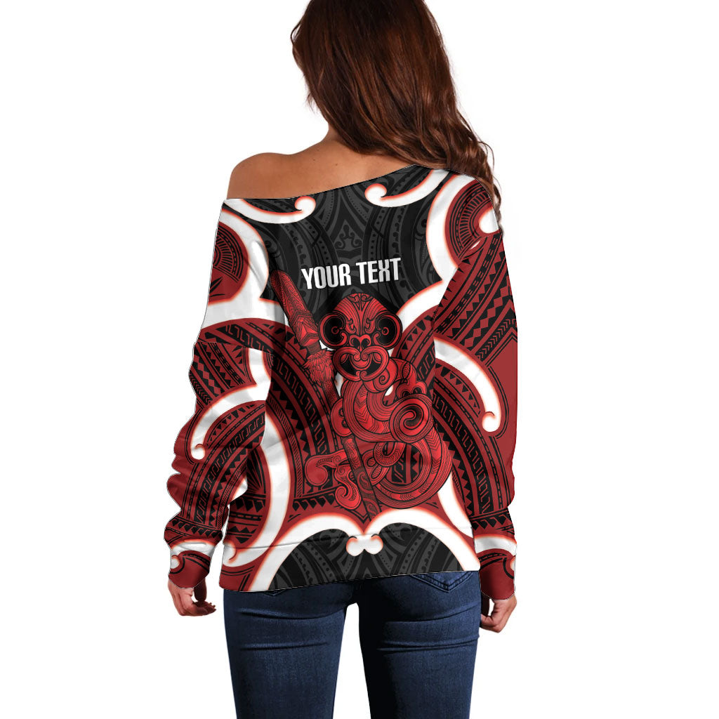 Whero Aotearoa Atua Tumatauenga Personalised Off Shoulder Sweater Maori God Of War Tiki With Taiaha