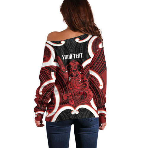 Whero Aotearoa Atua Tumatauenga Personalised Off Shoulder Sweater Maori God Of War Tiki With Taiaha