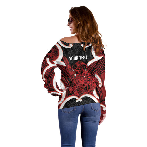 Whero Aotearoa Atua Tumatauenga Personalised Off Shoulder Sweater Maori God Of War Tiki With Taiaha