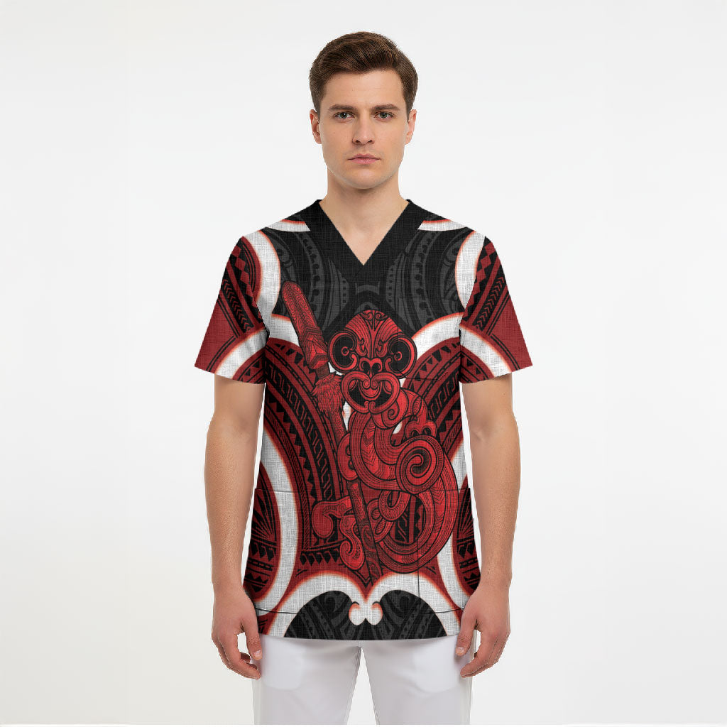 Whero Aotearoa Atua Tumatauenga Personalised Scrub Top Maori God Of War Tiki With Taiaha