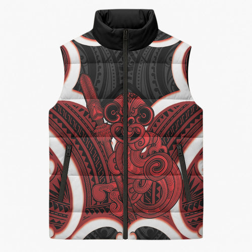 Whero Aotearoa Atua Tumatauenga Personalised Sleeveless Puffer Jacket Maori God Of War Tiki With Taiaha