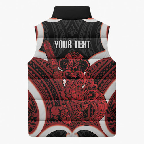 Whero Aotearoa Atua Tumatauenga Personalised Sleeveless Puffer Jacket Maori God Of War Tiki With Taiaha