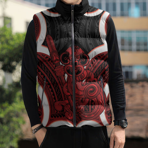 Whero Aotearoa Atua Tumatauenga Personalised Sleeveless Puffer Jacket Maori God Of War Tiki With Taiaha