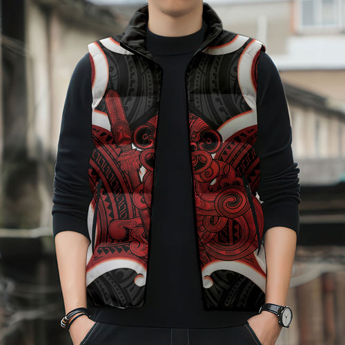 Whero Aotearoa Atua Tumatauenga Personalised Sleeveless Puffer Jacket Maori God Of War Tiki With Taiaha