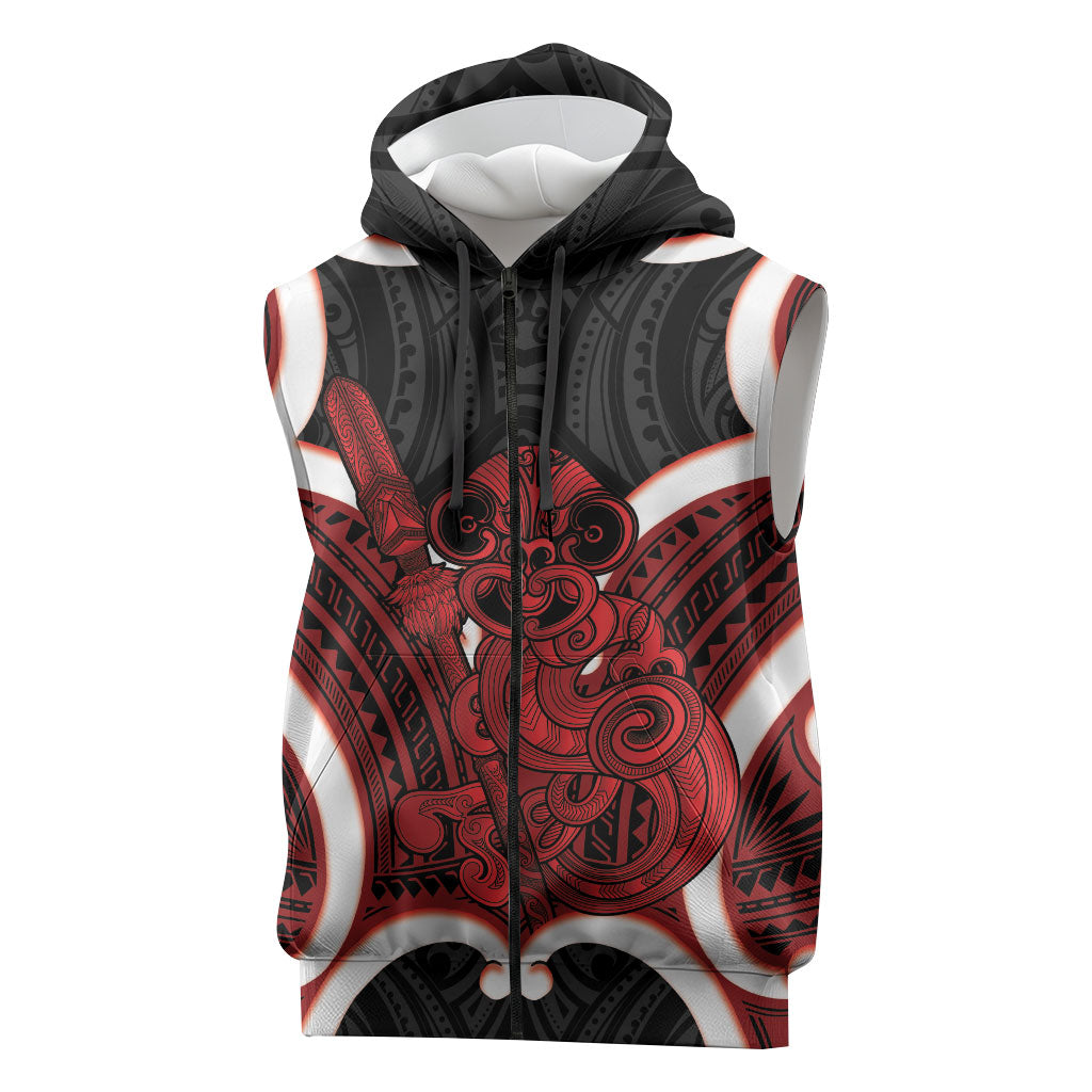 Whero Aotearoa Atua Tumatauenga Personalised Sleeveless Zip Hoodie Maori God Of War Tiki With Taiaha