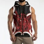 Whero Aotearoa Atua Tumatauenga Personalised Sleeveless Zip Hoodie Maori God Of War Tiki With Taiaha