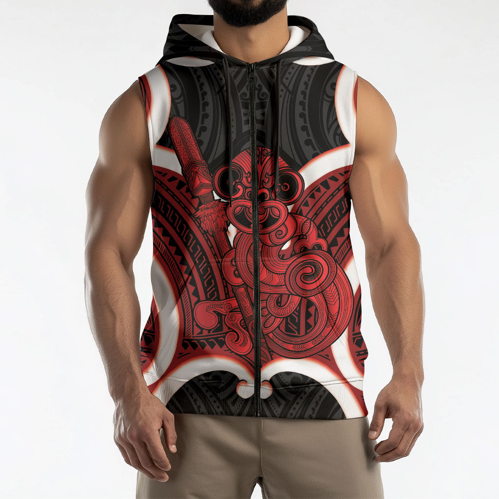 Whero Aotearoa Atua Tumatauenga Personalised Sleeveless Zip Hoodie Maori God Of War Tiki With Taiaha