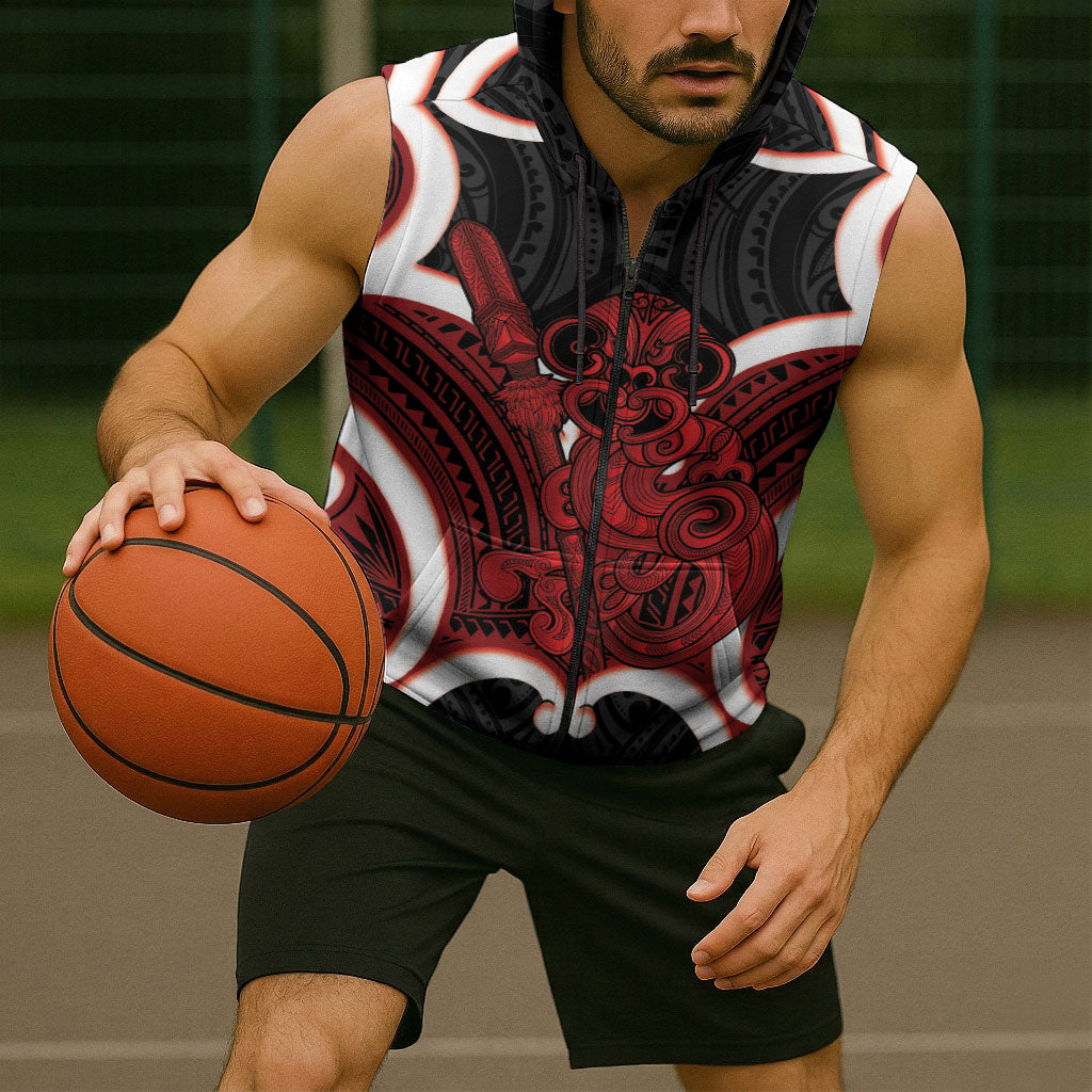 Whero Aotearoa Atua Tumatauenga Personalised Sleeveless Zip Hoodie Maori God Of War Tiki With Taiaha