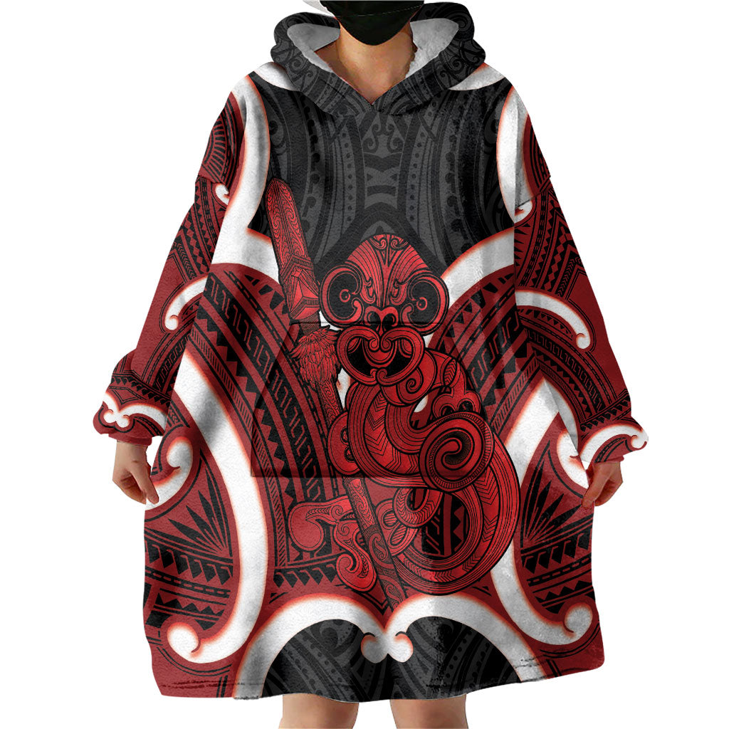 Whero Aotearoa Atua Tumatauenga Personalised Wearable Blanket Hoodie Maori God Of War Tiki With Taiaha