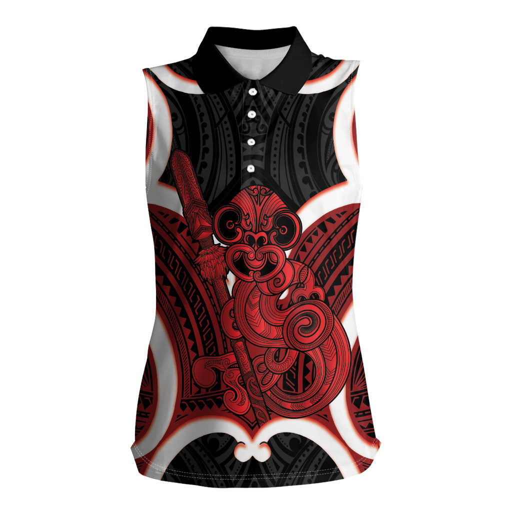 Whero Aotearoa Atua Tumatauenga Personalised Women Sleeveless Polo Shirt Maori God Of War Tiki With Taiaha