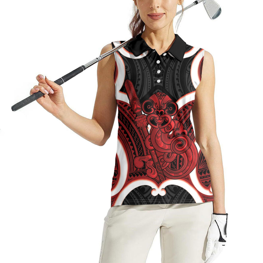 Whero Aotearoa Atua Tumatauenga Personalised Women Sleeveless Polo Shirt Maori God Of War Tiki With Taiaha