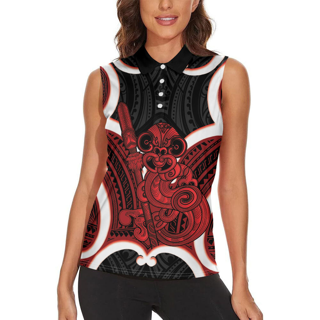 Whero Aotearoa Atua Tumatauenga Personalised Women Sleeveless Polo Shirt Maori God Of War Tiki With Taiaha
