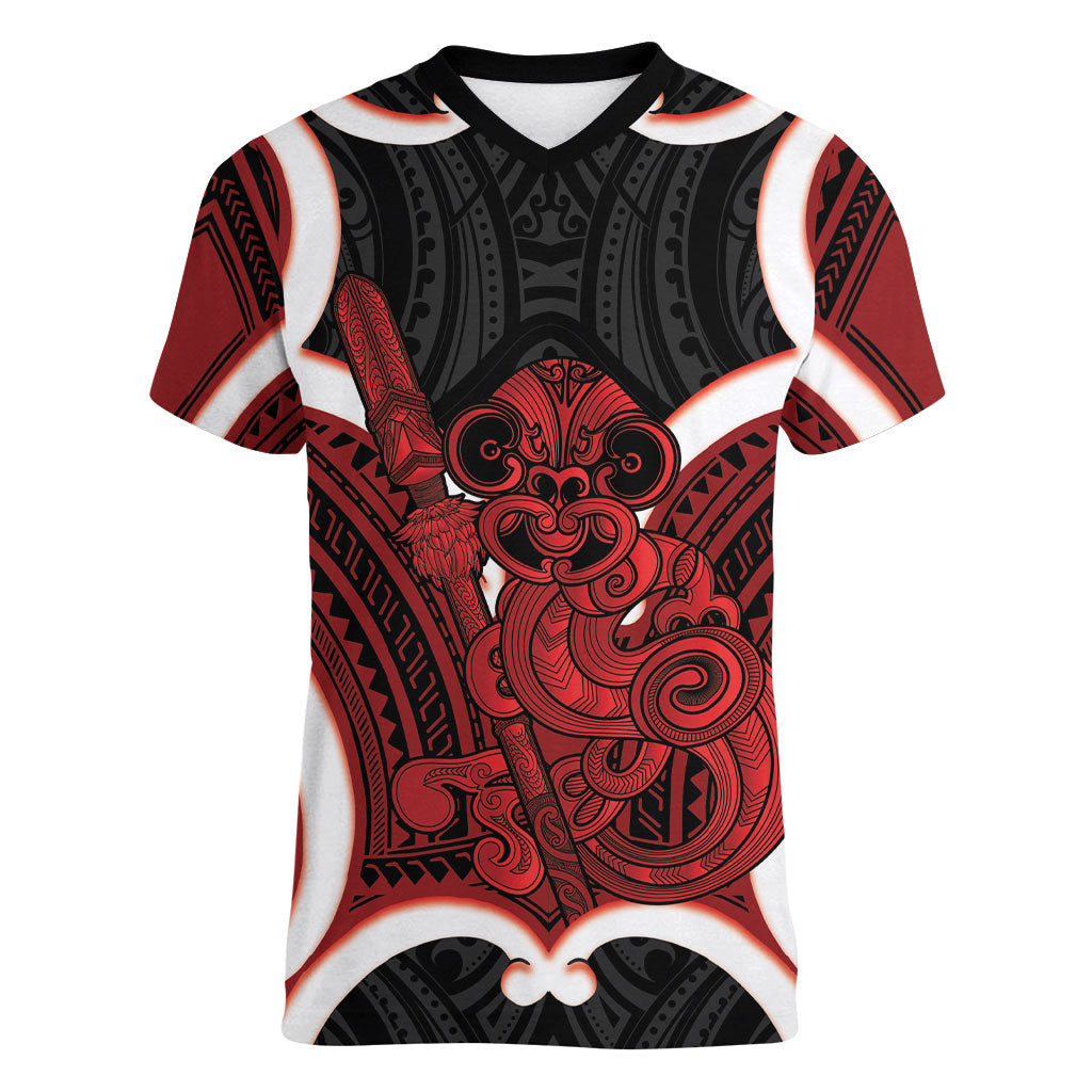 Whero Aotearoa Atua Tumatauenga Personalised Women V-Neck T-Shirt Maori God Of War Tiki With Taiaha