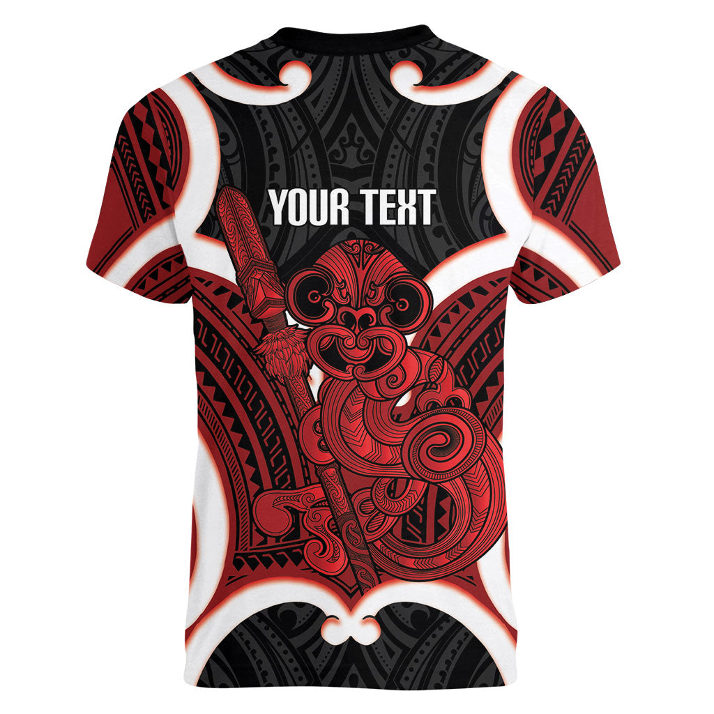 Whero Aotearoa Atua Tumatauenga Personalised Women V-Neck T-Shirt Maori God Of War Tiki With Taiaha