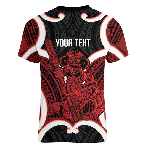 Whero Aotearoa Atua Tumatauenga Personalised Women V-Neck T-Shirt Maori God Of War Tiki With Taiaha