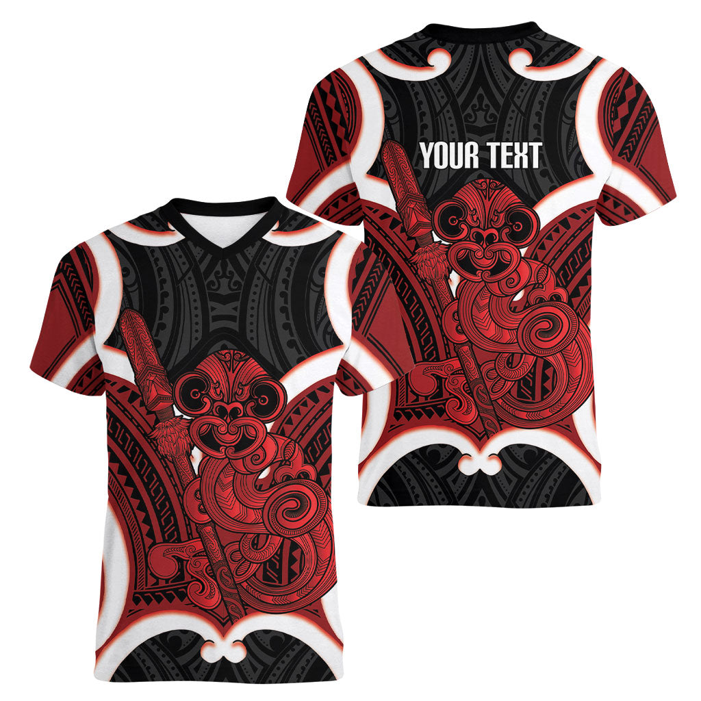 Whero Aotearoa Atua Tumatauenga Personalised Women V-Neck T-Shirt Maori God Of War Tiki With Taiaha