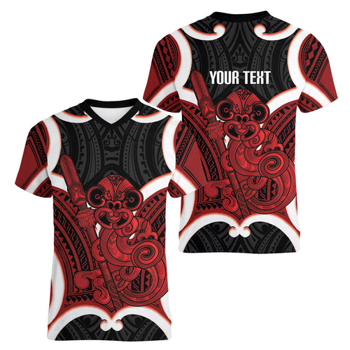 Whero Aotearoa Atua Tumatauenga Personalised Women V-Neck T-Shirt Maori God Of War Tiki With Taiaha