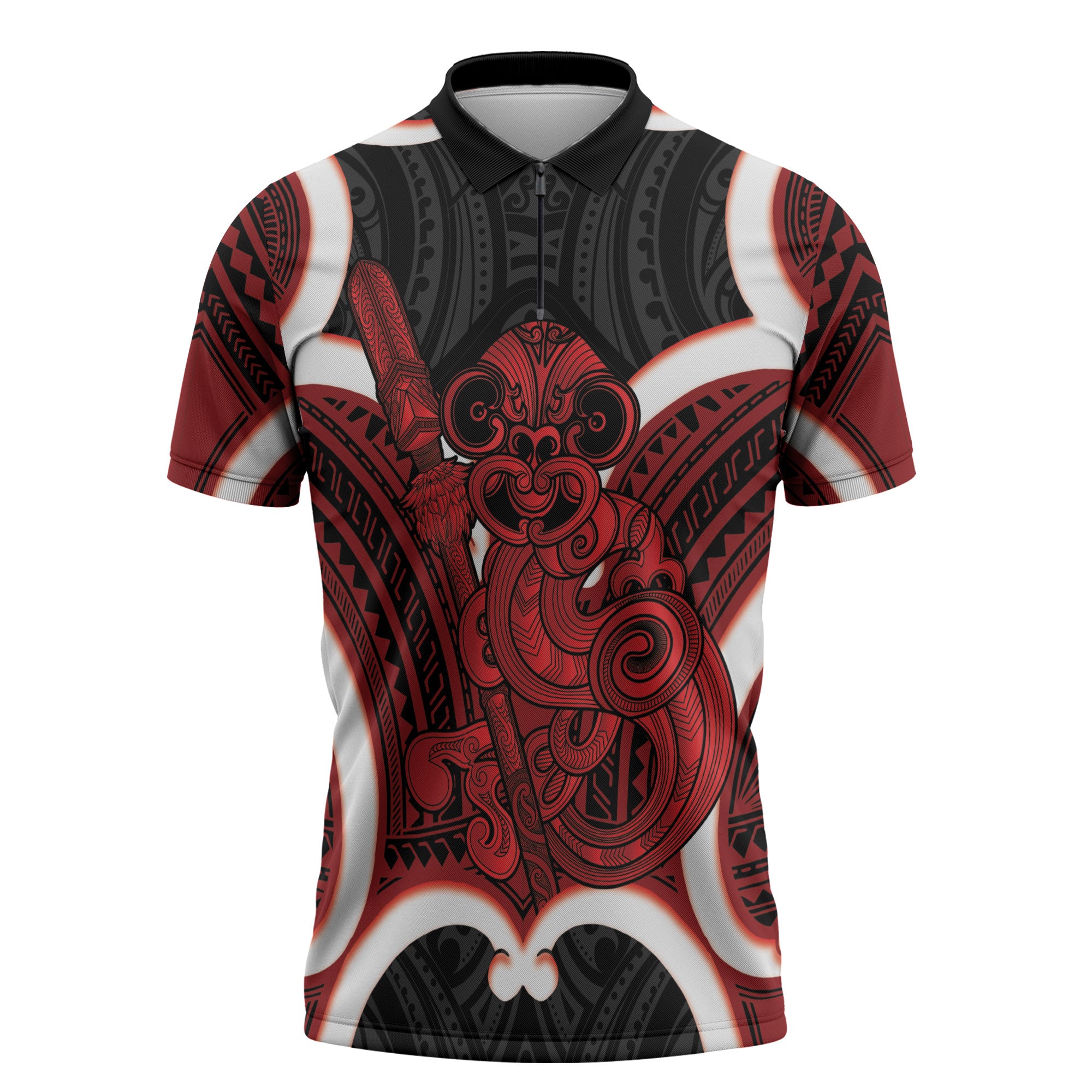 Whero Aotearoa Atua Tumatauenga Personalised Zipper Polo Shirt Maori God Of War Tiki With Taiaha