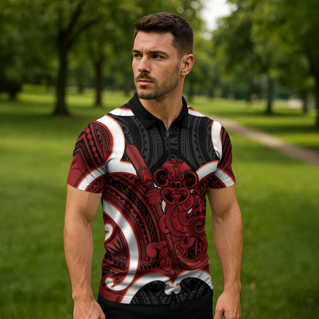Whero Aotearoa Atua Tumatauenga Personalised Zipper Polo Shirt Maori God Of War Tiki With Taiaha