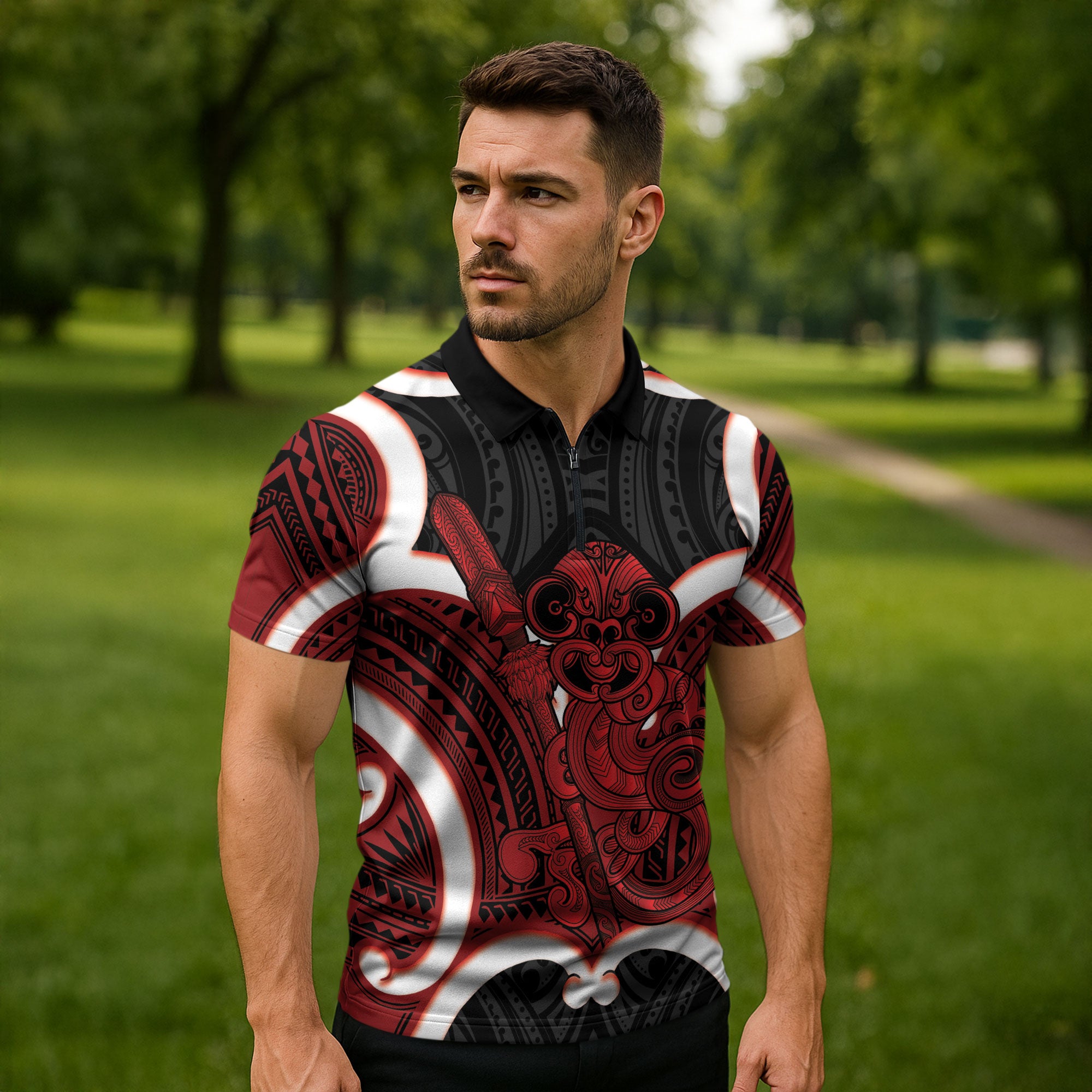 Whero Aotearoa Atua Tumatauenga Personalised Zipper Polo Shirt Maori God Of War Tiki With Taiaha