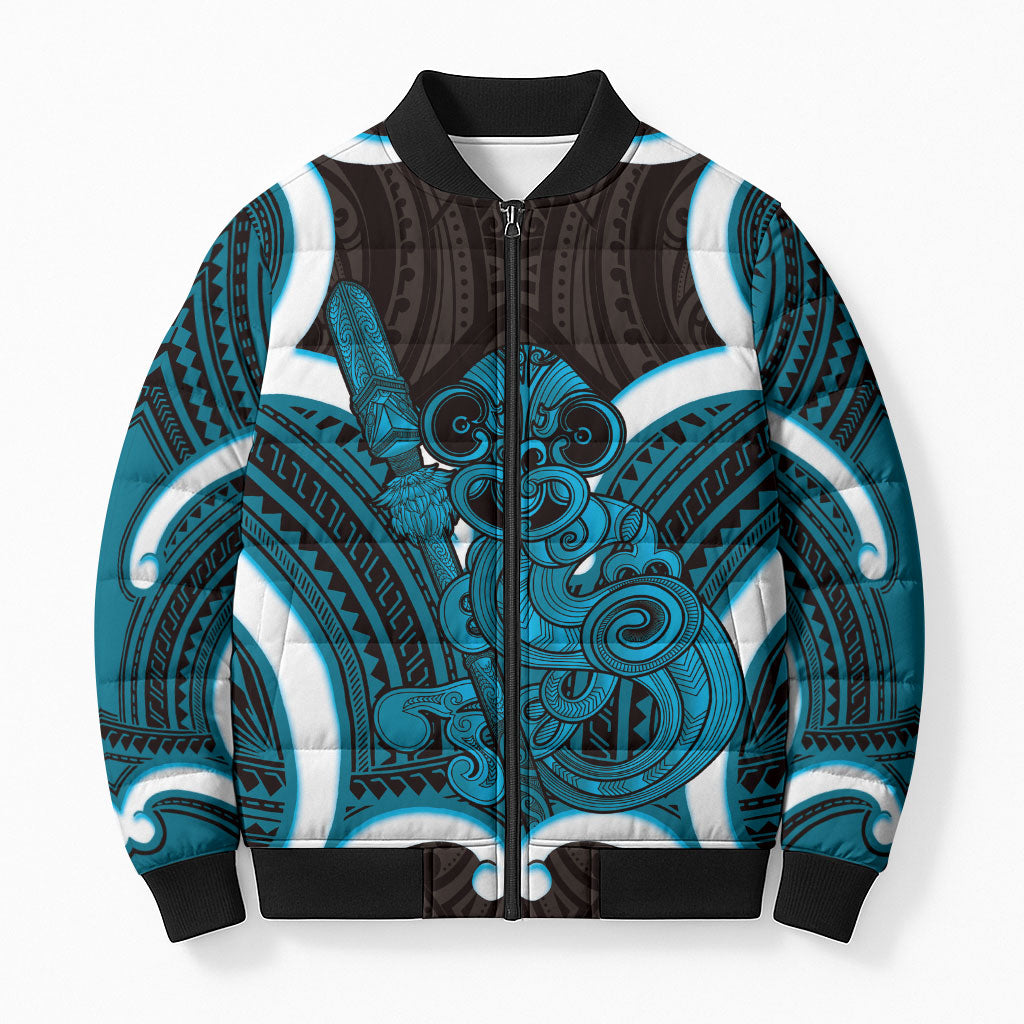 Kikorangi Aotearoa Atua Tumatauenga Personalised Bomber Puffer Jacket Maori God Of War Tiki With Taiaha
