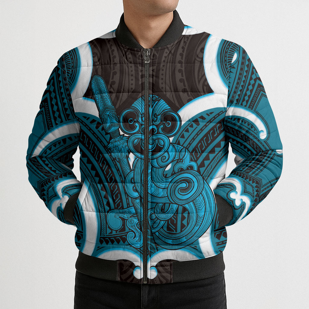 Kikorangi Aotearoa Atua Tumatauenga Personalised Bomber Puffer Jacket Maori God Of War Tiki With Taiaha