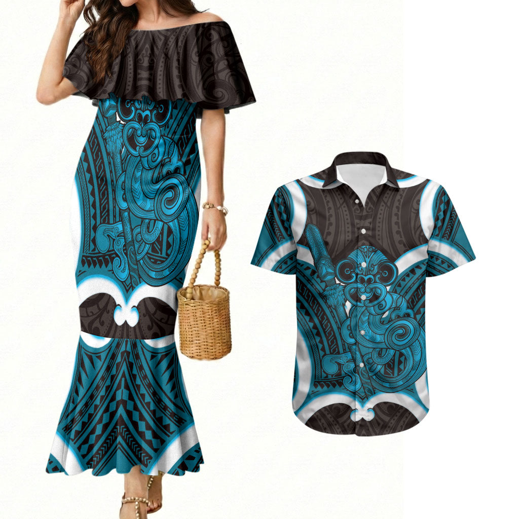 Kikorangi Aotearoa Atua Tumatauenga Personalised Couples Matching Mermaid Dress and Hawaiian Shirt Maori God Of War Tiki With Taiaha