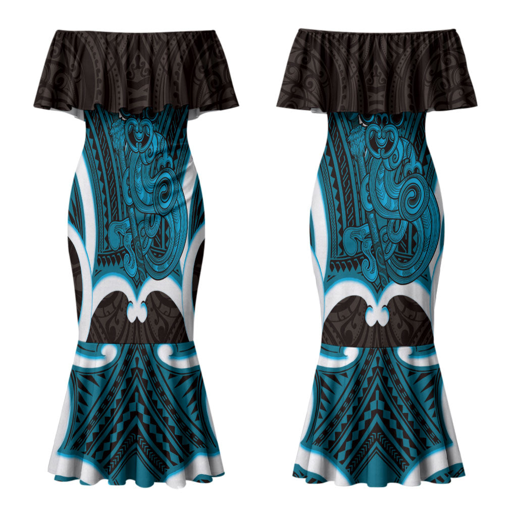 Kikorangi Aotearoa Atua Tumatauenga Personalised Couples Matching Mermaid Dress and Hawaiian Shirt Maori God Of War Tiki With Taiaha