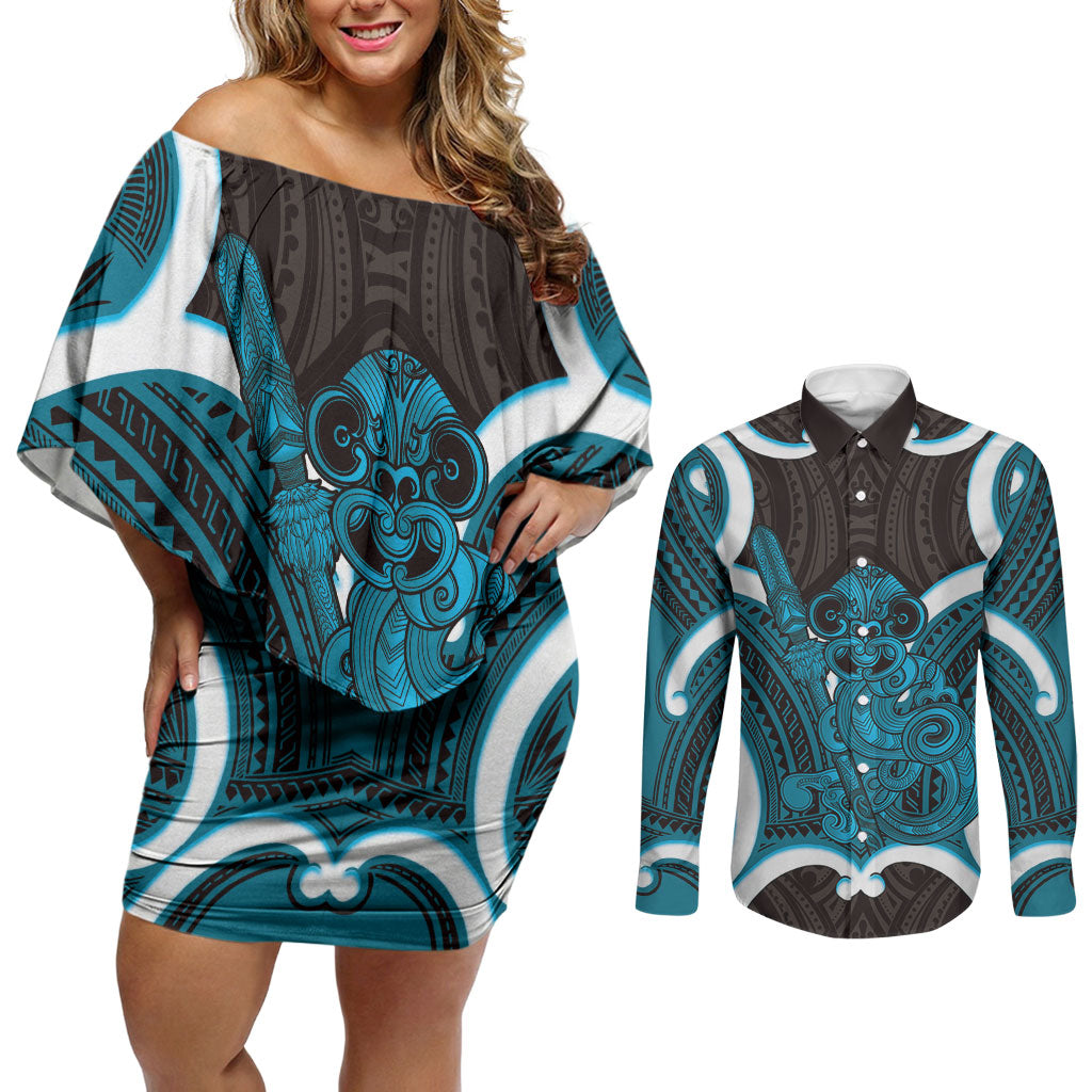 Kikorangi Aotearoa Atua Tumatauenga Personalised Couples Matching Off Shoulder Short Dress and Long Sleeve Button Shirt Maori God Of War Tiki With Taiaha