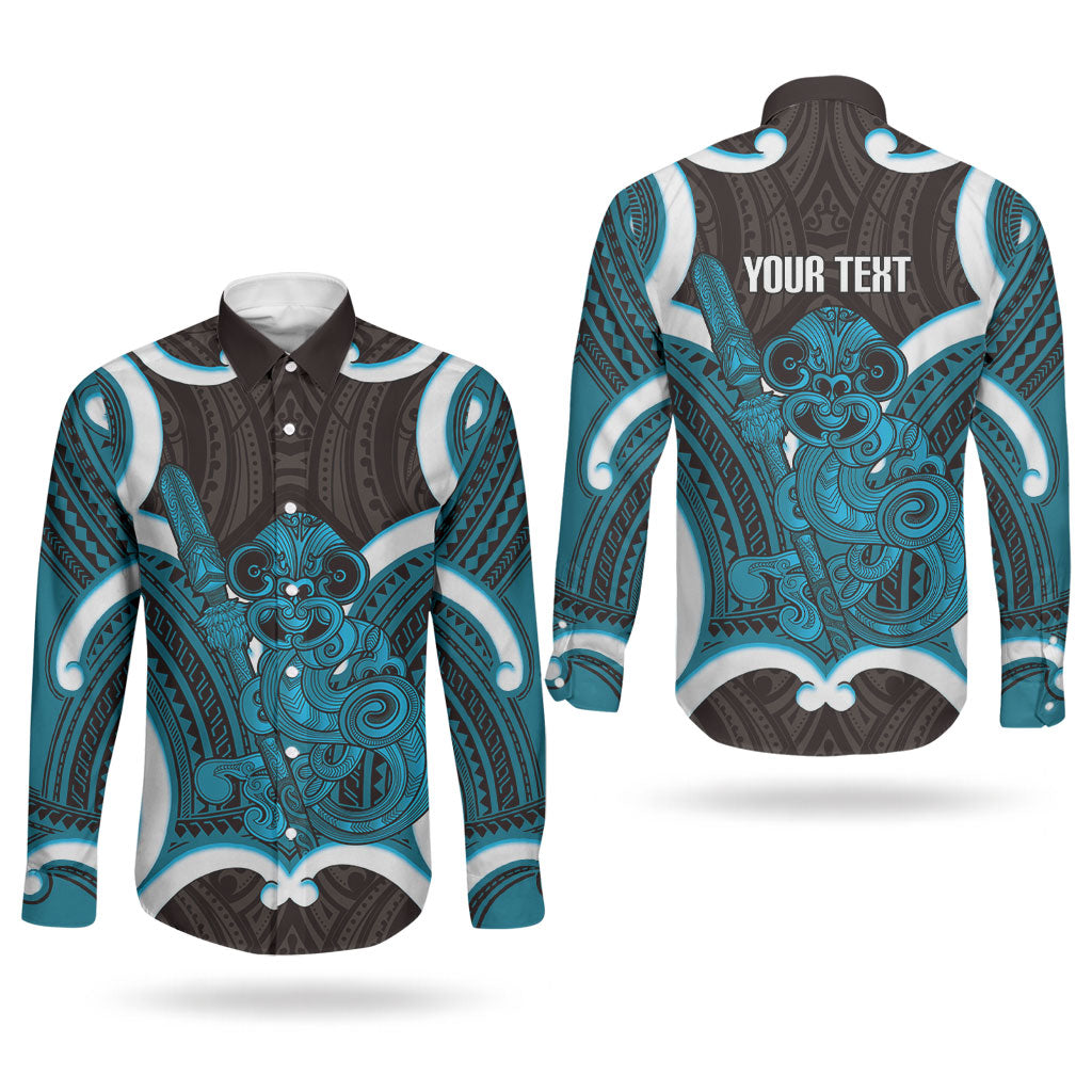 Kikorangi Aotearoa Atua Tumatauenga Personalised Couples Matching Off Shoulder Short Dress and Long Sleeve Button Shirt Maori God Of War Tiki With Taiaha