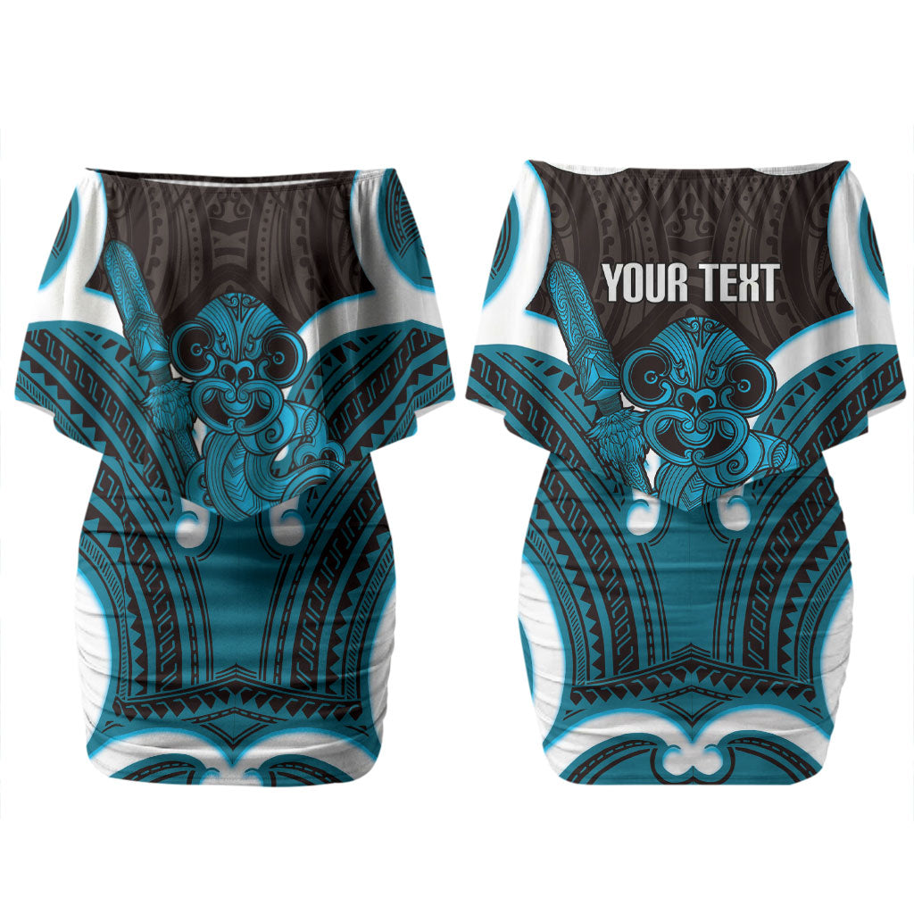 Kikorangi Aotearoa Atua Tumatauenga Personalised Couples Matching Off Shoulder Short Dress and Long Sleeve Button Shirt Maori God Of War Tiki With Taiaha