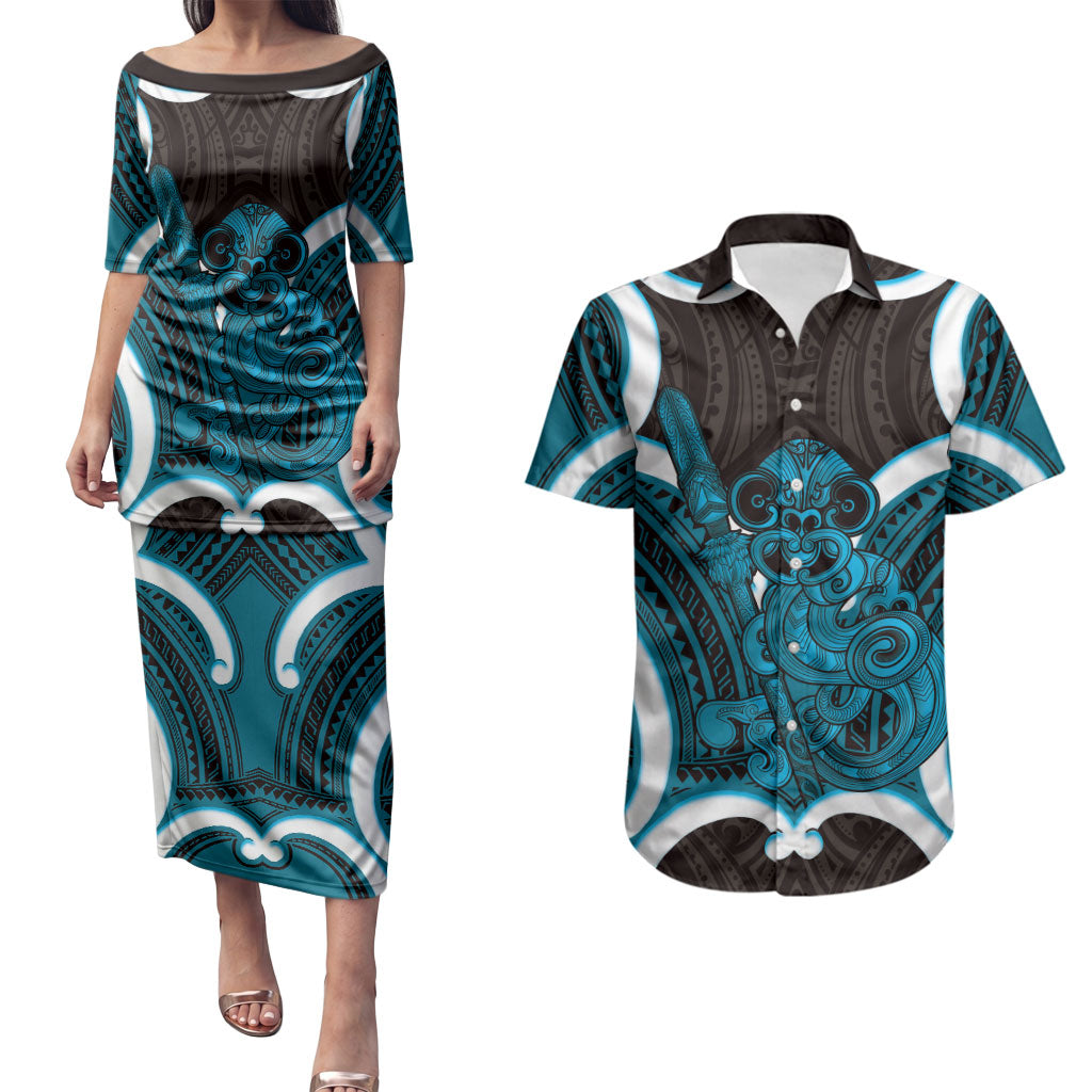 Kikorangi Aotearoa Atua Tumatauenga Personalised Couples Matching Puletasi and Hawaiian Shirt Maori God Of War Tiki With Taiaha