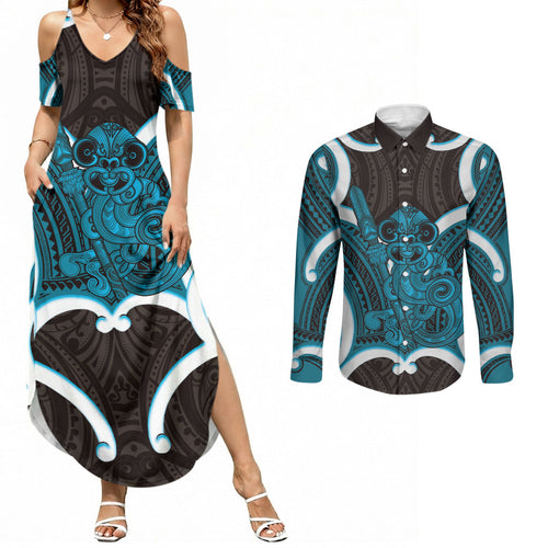 Kikorangi Aotearoa Atua Tumatauenga Personalised Couples Matching Summer Maxi Dress and Long Sleeve Button Shirt Maori God Of War Tiki With Taiaha