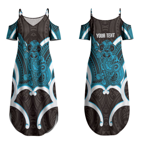 Kikorangi Aotearoa Atua Tumatauenga Personalised Couples Matching Summer Maxi Dress and Long Sleeve Button Shirt Maori God Of War Tiki With Taiaha