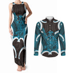 Kikorangi Aotearoa Atua Tumatauenga Personalised Couples Matching Tank Maxi Dress and Long Sleeve Button Shirt Maori God Of War Tiki With Taiaha