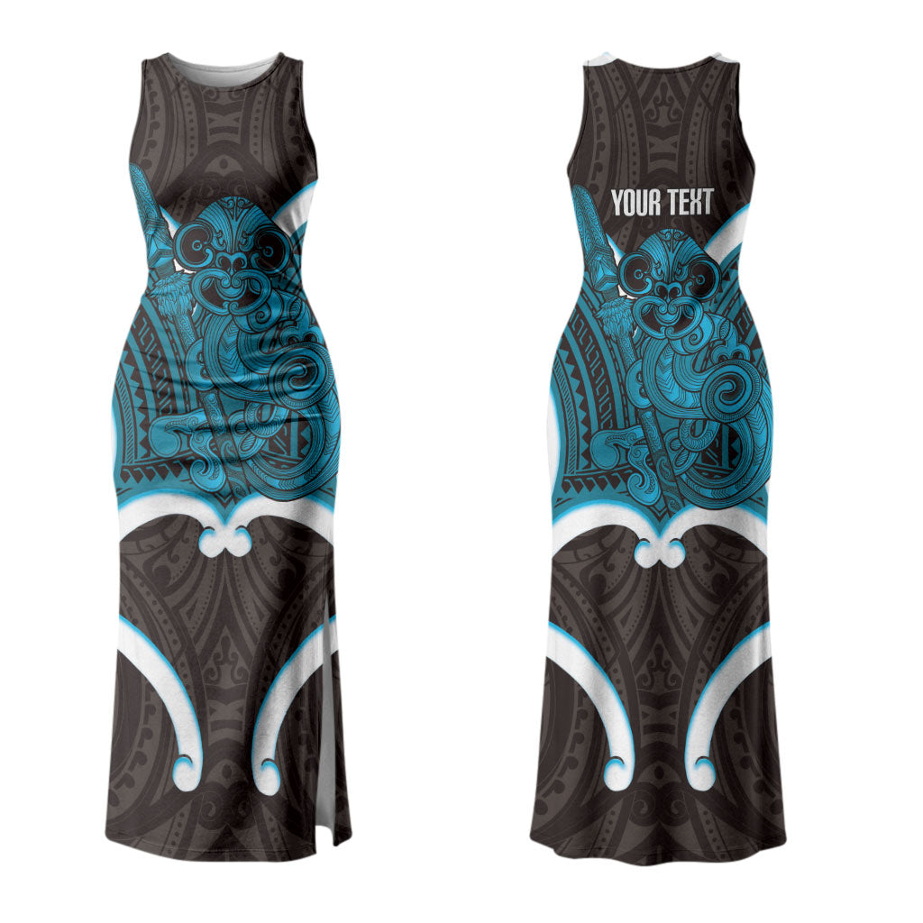 Kikorangi Aotearoa Atua Tumatauenga Personalised Couples Matching Tank Maxi Dress and Long Sleeve Button Shirt Maori God Of War Tiki With Taiaha