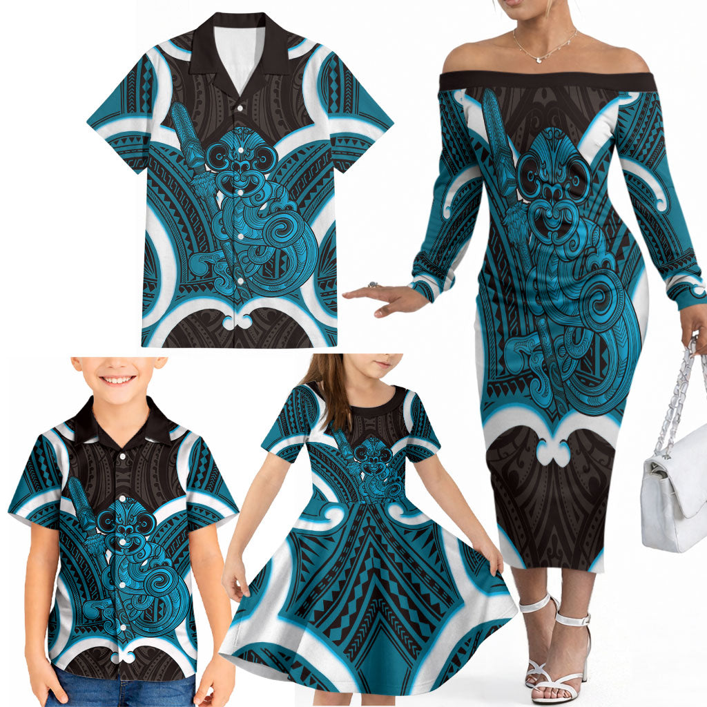 Kikorangi Aotearoa Atua Tumatauenga Personalised Family Matching Off The Shoulder Long Sleeve Dress and Hawaiian Shirt Maori God Of War Tiki With Taiaha