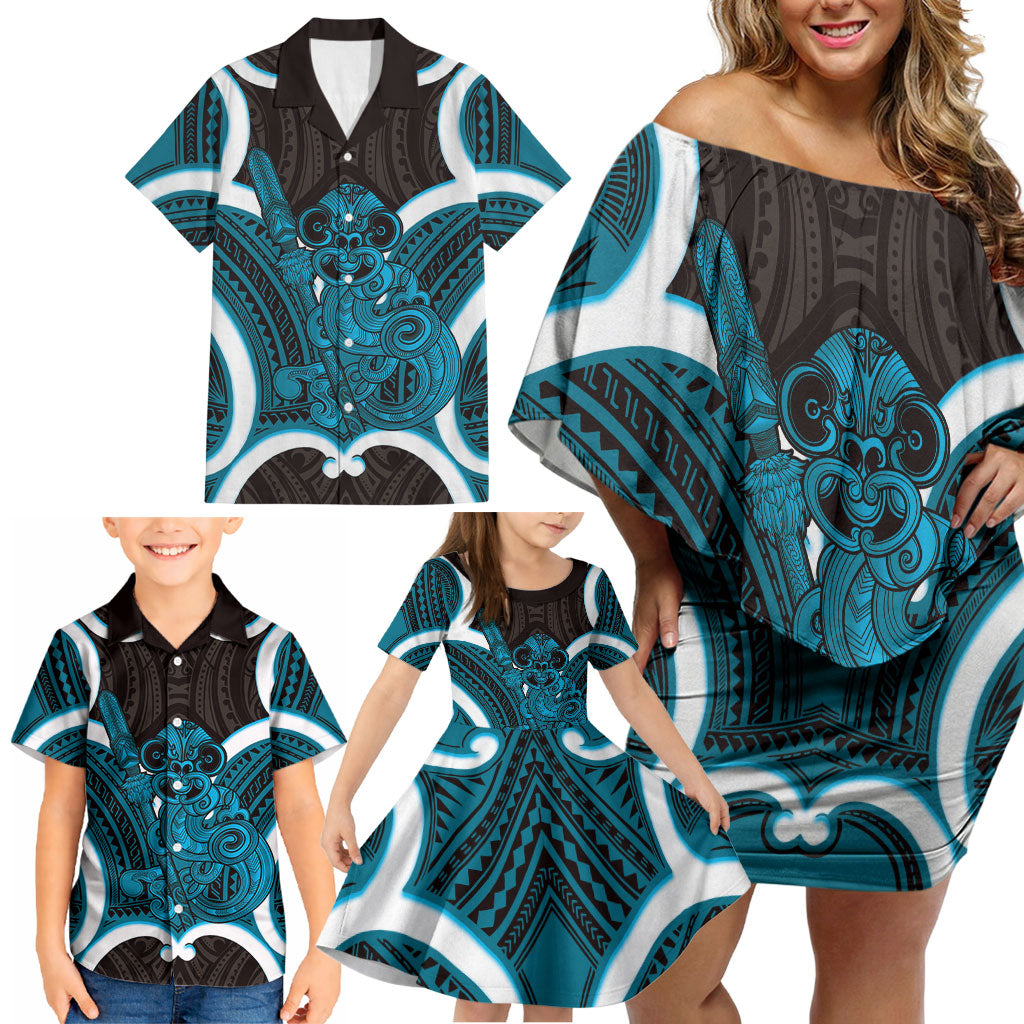 Kikorangi Aotearoa Atua Tumatauenga Personalised Family Matching Off Shoulder Short Dress and Hawaiian Shirt Maori God Of War Tiki With Taiaha