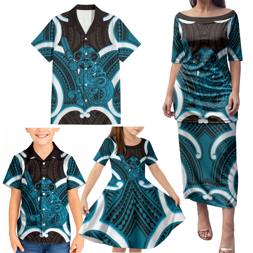 Kikorangi Aotearoa Atua Tumatauenga Personalised Family Matching Puletasi and Hawaiian Shirt Maori God Of War Tiki With Taiaha