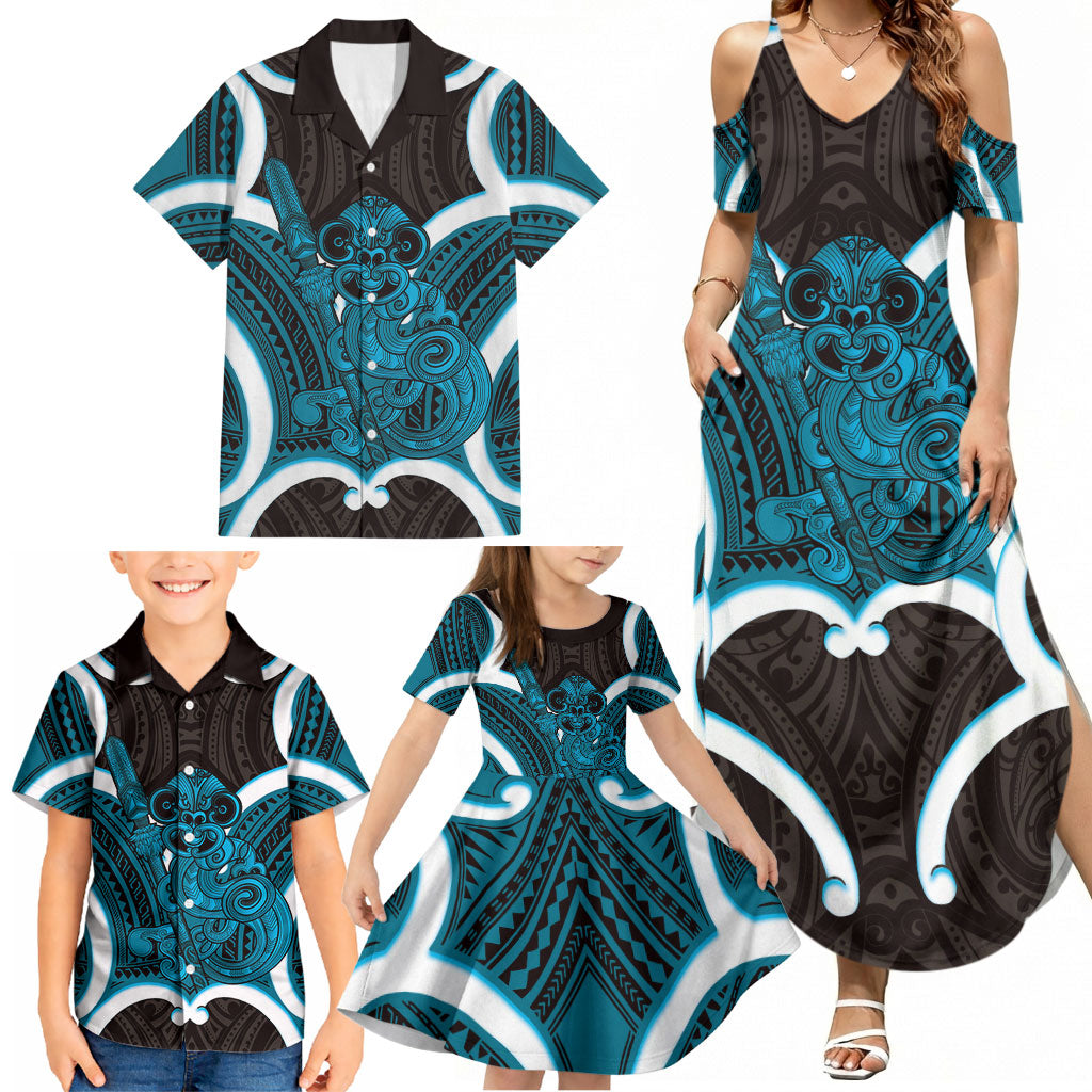 Kikorangi Aotearoa Atua Tumatauenga Personalised Family Matching Summer Maxi Dress and Hawaiian Shirt Maori God Of War Tiki With Taiaha