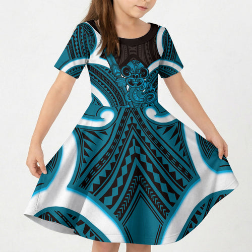 Kikorangi Aotearoa Atua Tumatauenga Personalised Kid Short Sleeve Dress Maori God Of War Tiki With Taiaha