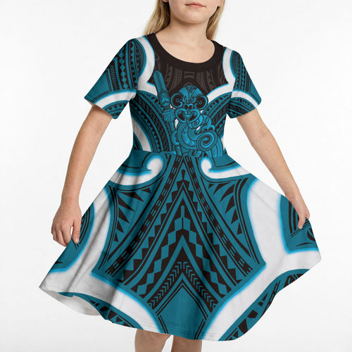 Kikorangi Aotearoa Atua Tumatauenga Personalised Kid Short Sleeve Dress Maori God Of War Tiki With Taiaha