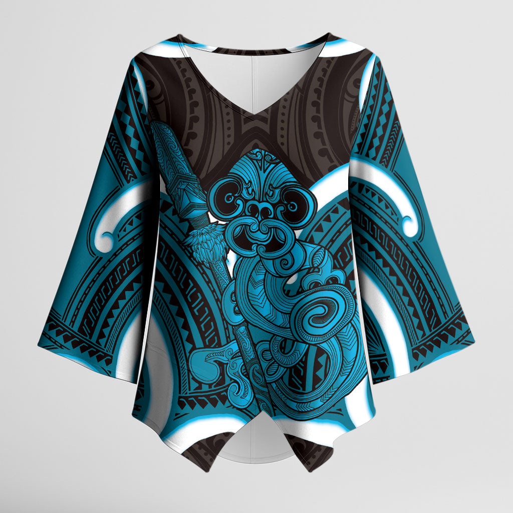 Kikorangi Aotearoa Atua Tumatauenga Personalised Kimono Sleeve Blouse Maori God Of War Tiki With Taiaha