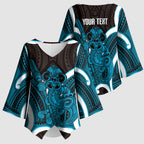 Kikorangi Aotearoa Atua Tumatauenga Personalised Kimono Sleeve Blouse Maori God Of War Tiki With Taiaha